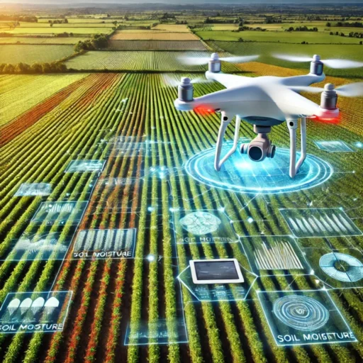 Drone flying over an agricultural field, mapping crop health, soil moisture, and pest management areas.