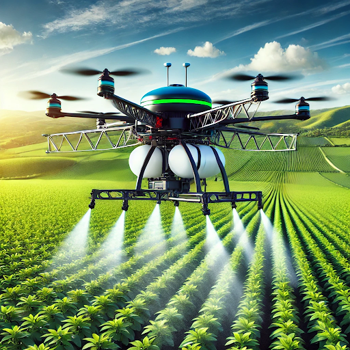 Agri spray drone applying pesticides over a field