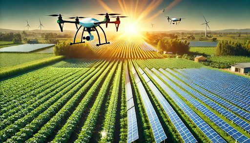 An agricultural drone flying over an agro-solar farm, monitoring crops and solar panels for enhanced efficiency and sustainability