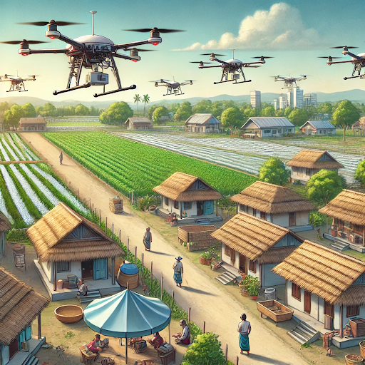 Agriculture drones improving crop yields and rural infrastructure.
