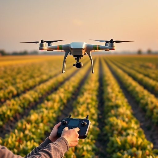 An agricultural drone flying over a field, spraying crops while a farmer remotely operates it with a controller, illustrating the use of technology in modern farming practices.