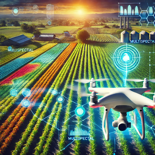 Drone imagery capturing multispectral data over a farm field, showcasing crop health and analysis