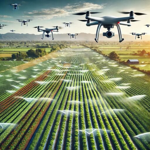 An aerial view of a farm with agricultural drones flying above, showcasing the use of drones in modern farming for crop monitoring and irrigation management.