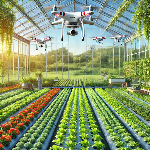 Drone used in greenhouse agriculture for crop monitoring and precision farming.