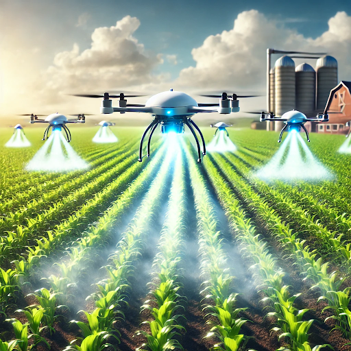 Pesticide drones flying low over a lush green field, spraying a fine mist of pesticide onto crops under a sunny blue sky, with a barn and silos visible in the background.