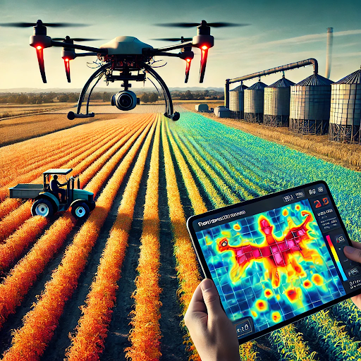 Thermal imaging drone scanning crops to detect early signs of stress in agricultural fields.