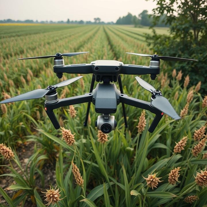 A close-up view of a drone performing crop health monitoring.
