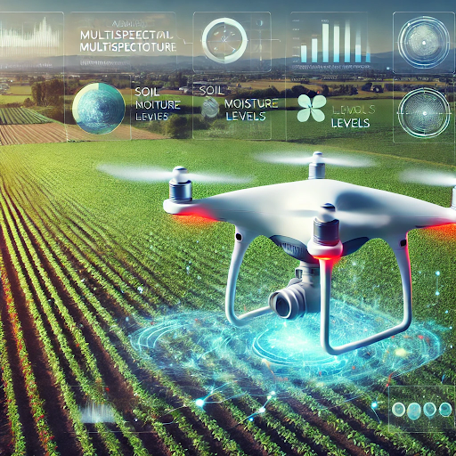 An agricultural UAV flying over a field, capturing data for soil health analysis and precision farming