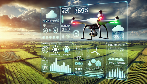 Agriculture UAV flying over a farm to monitor weather conditions and assist in climate adaptation.