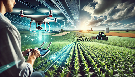 UAV capturing imagery for crop scouting, enhancing farming efficiency.