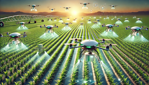 A drone swarm flying over a futuristic field, performing crop monitoring, spraying, and mapping, symbolizing advanced farming technology