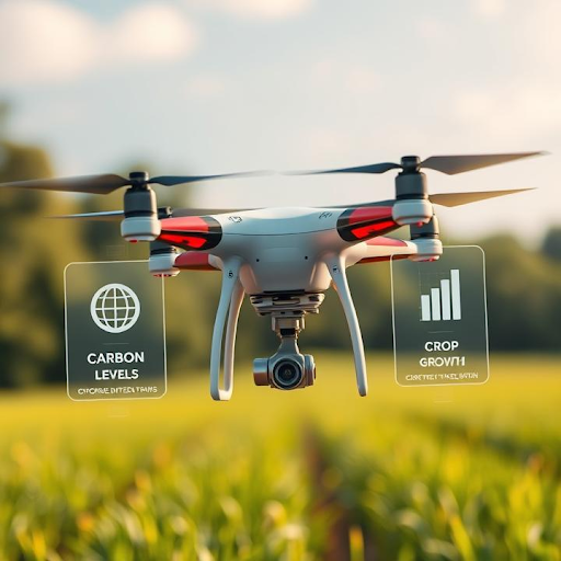 Drone capturing data to measure carbon levels and monitor soil health in farming fields