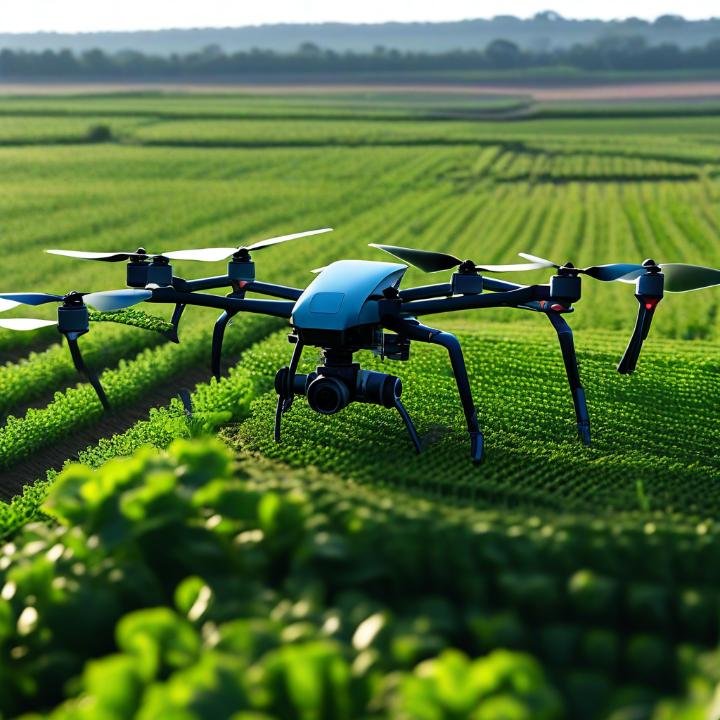 A drone flying over a farm, enhancing drone and farming practices by capturing real-time data on crop health, soil conditions, and moisture levels.