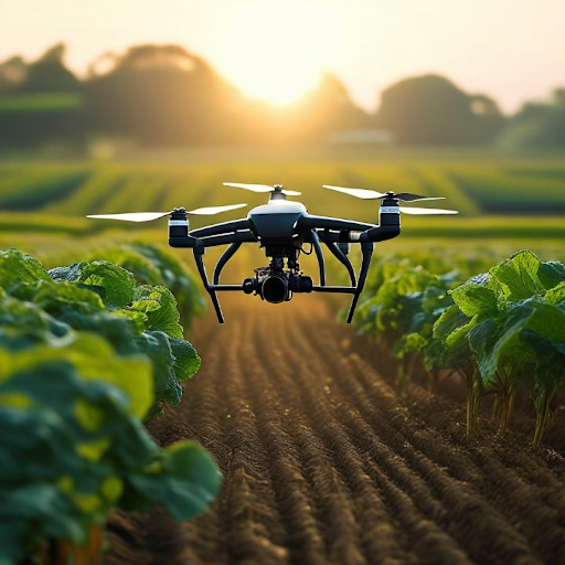 Farm drone spraying crops for biological pest control, promoting sustainable farming practices.