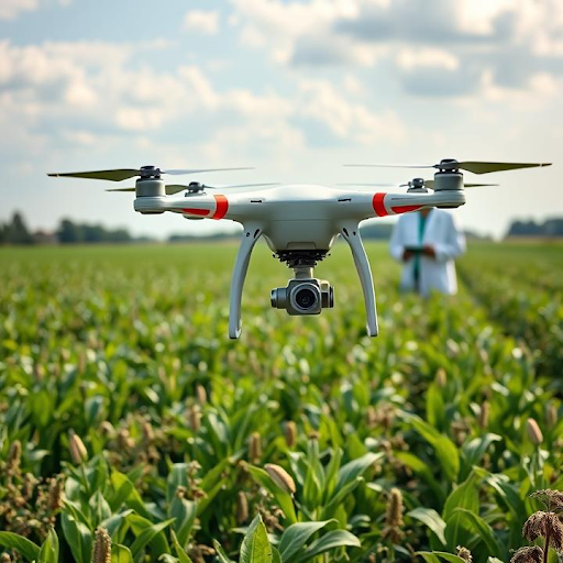 Drone flying over farmland for genomic research and crop analysis.