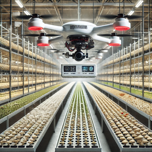 Agri drone monitoring an indoor mushroom farm with controlled conditions