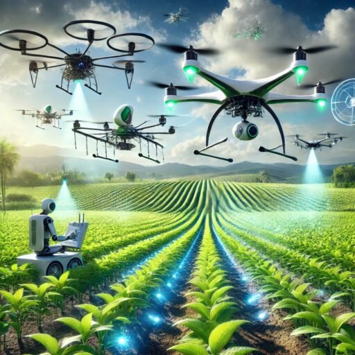 Various types of drones (UAS) in an agricultural field, including multirotor, single-rotor, and fixed-wing drones, used for plant genetics research.