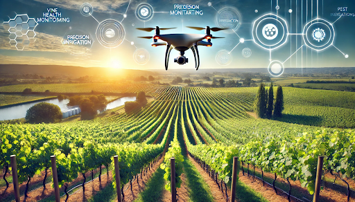 UAV drones flying over a farm, capturing aerial images for crop monitoring and precision farming