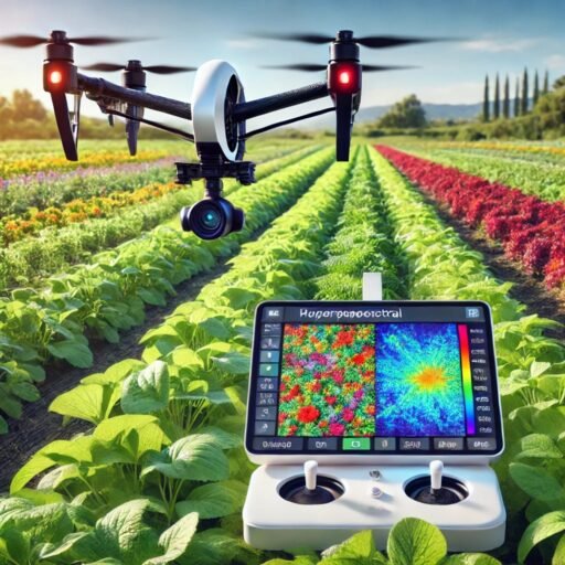 Drone equipped with hyperspectral imaging technology flying over a field of edible plants to detect diseases